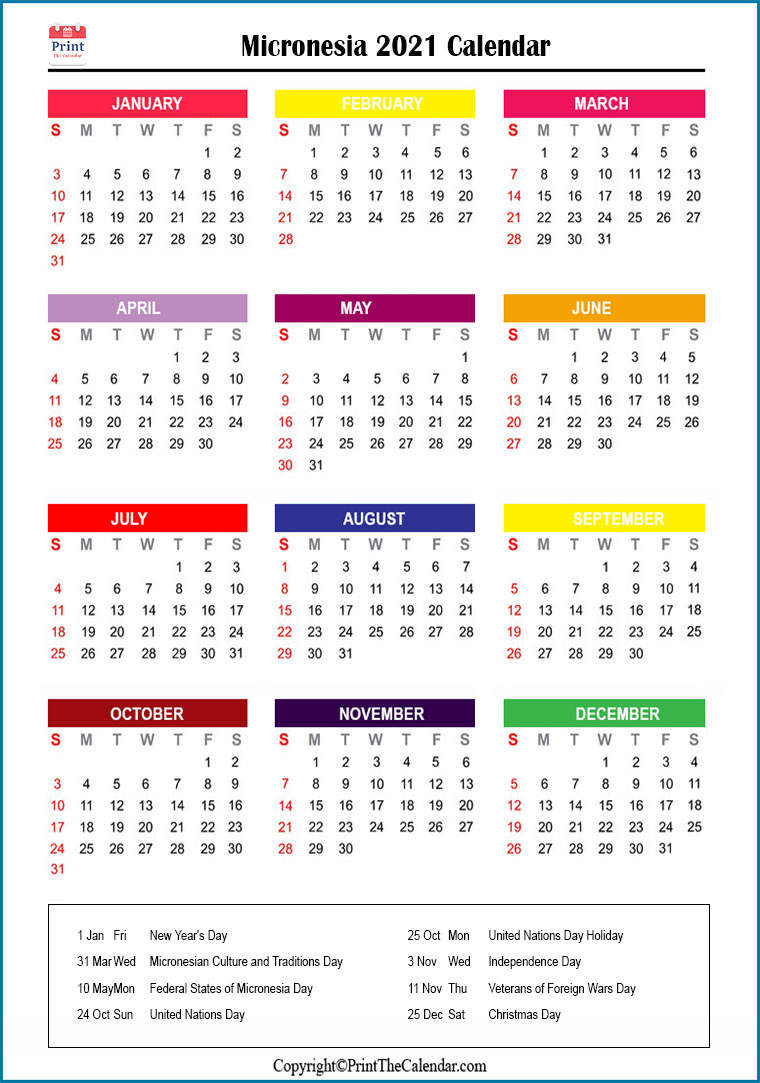 Micronesia Printable Calendar 2021